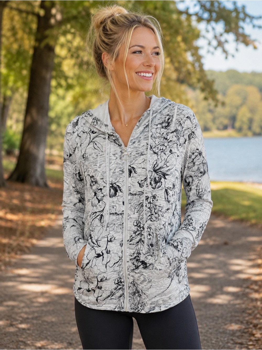 Athleta Floral Full Zip Hoodie Jacket Gray Black Print Soft Lightweight